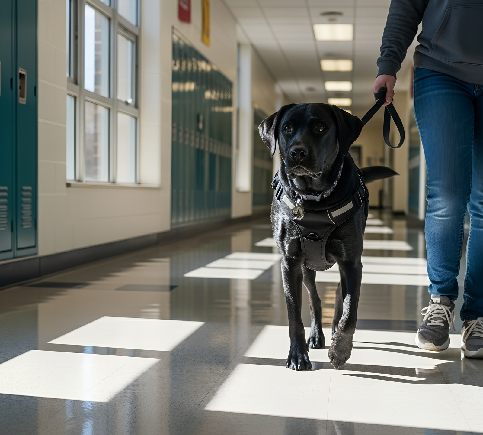Black service dog walking in a school hallway beside a person